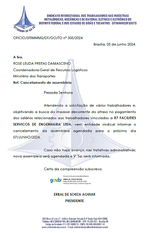 Novo OFICIO - 3035 Cancelamento de Assembleia Ministério do Transporte