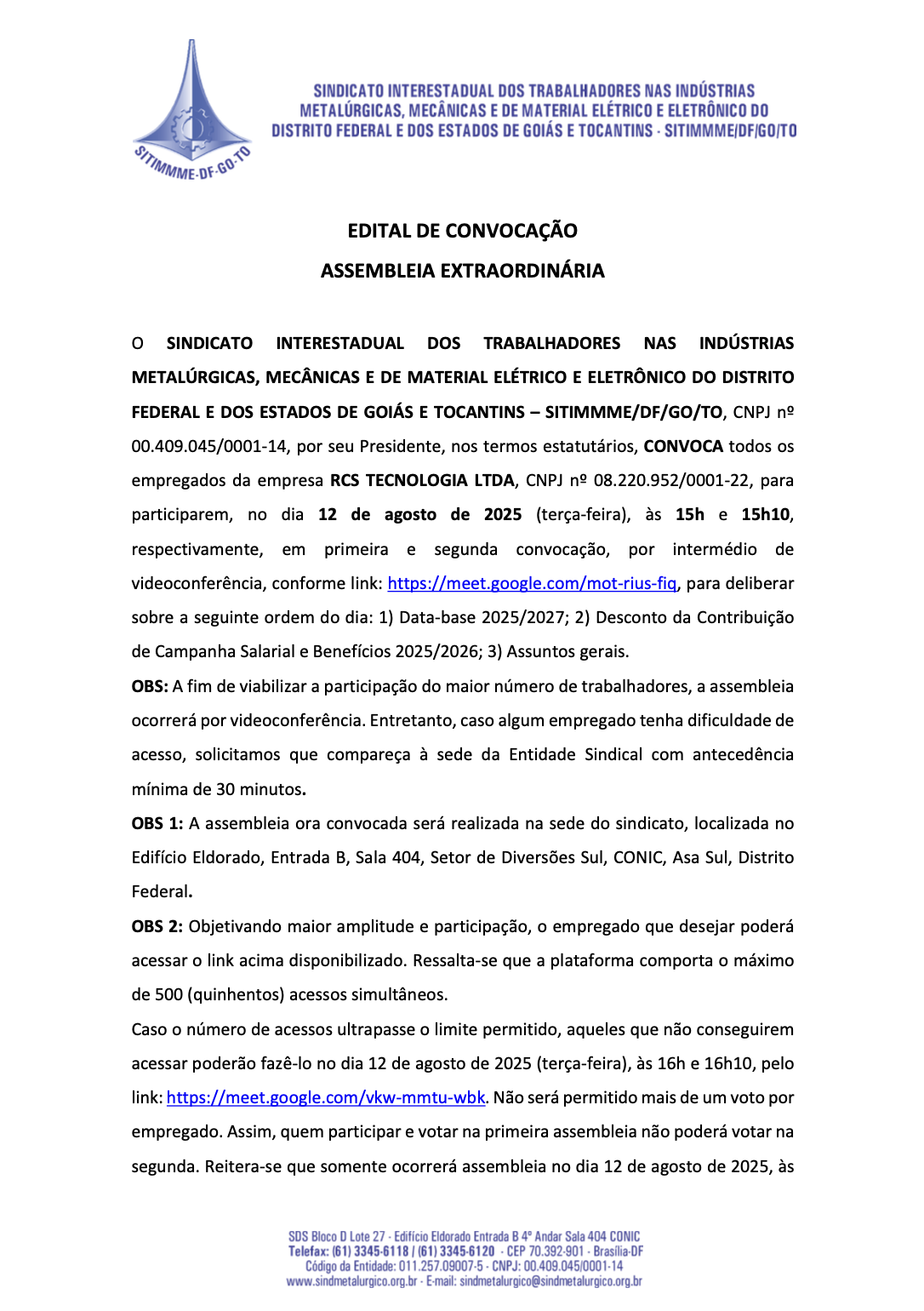 Edital de Convocação - Trabalhadores RCS