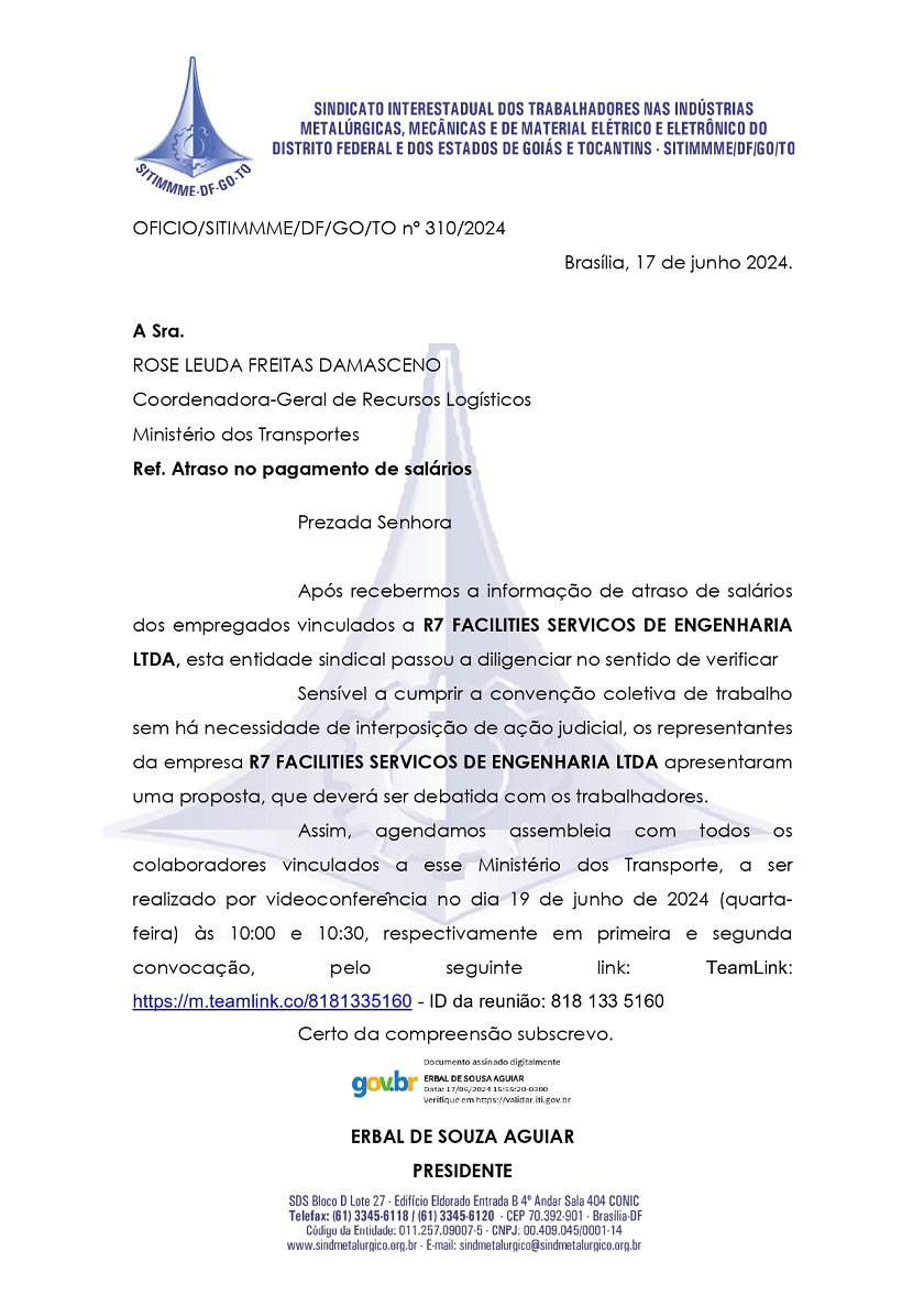 OFICIO 310 Ministerio do Transporte R7 Facilites atraso pagamento salarios